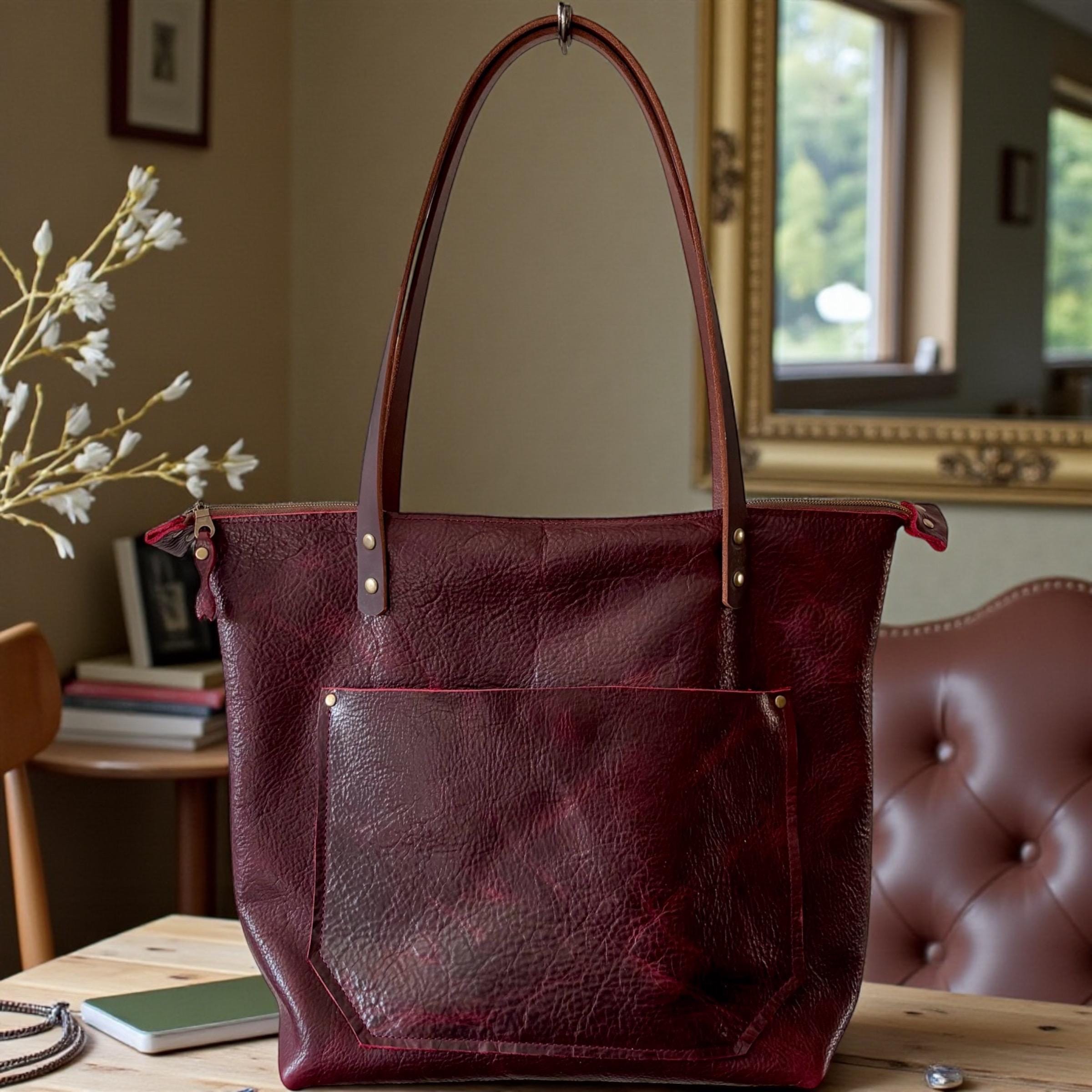 Full Grain Real Leather Zipper Black Cherry Dog Leather Tote Bags-Small-Medium-Large-Extra Large