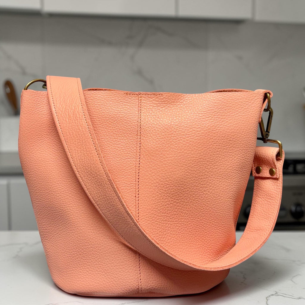 Full Grain Real Leather Salmon Mini Bucket Crossbody or Shoulder Bag Purse