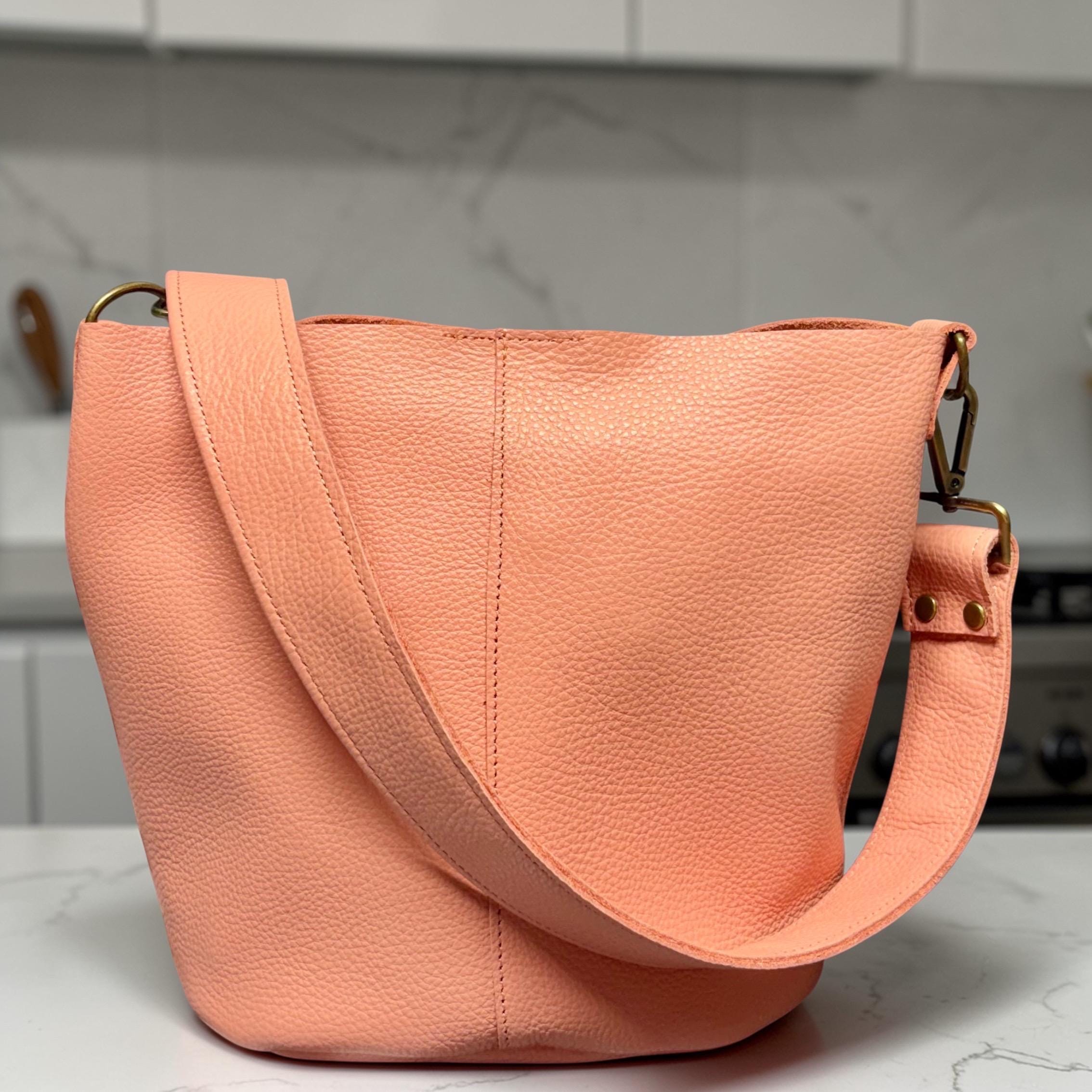 Full Grain Real Leather Salmon Mini Bucket Crossbody or Shoulder Bag Purse