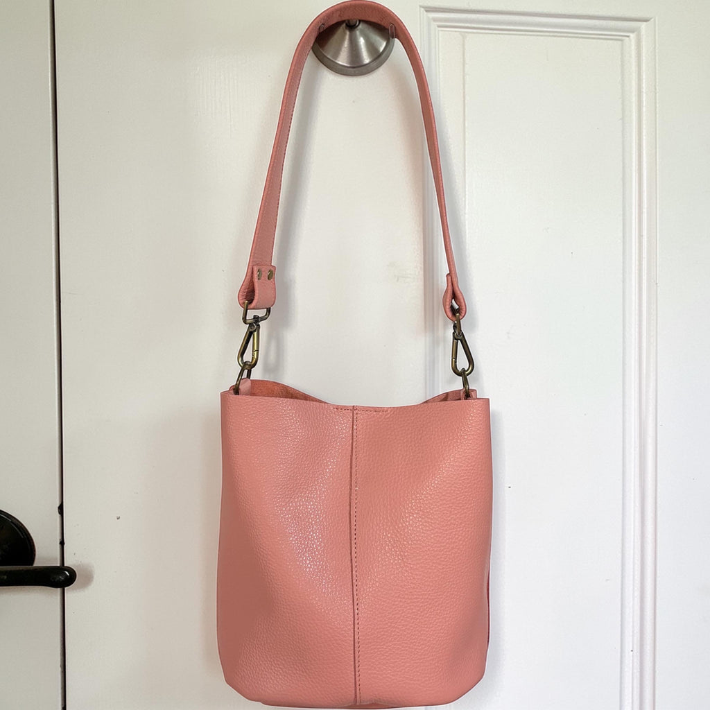 Full Grain Real Leather Salmon Mini Bucket Crossbody or Shoulder Bag Purse