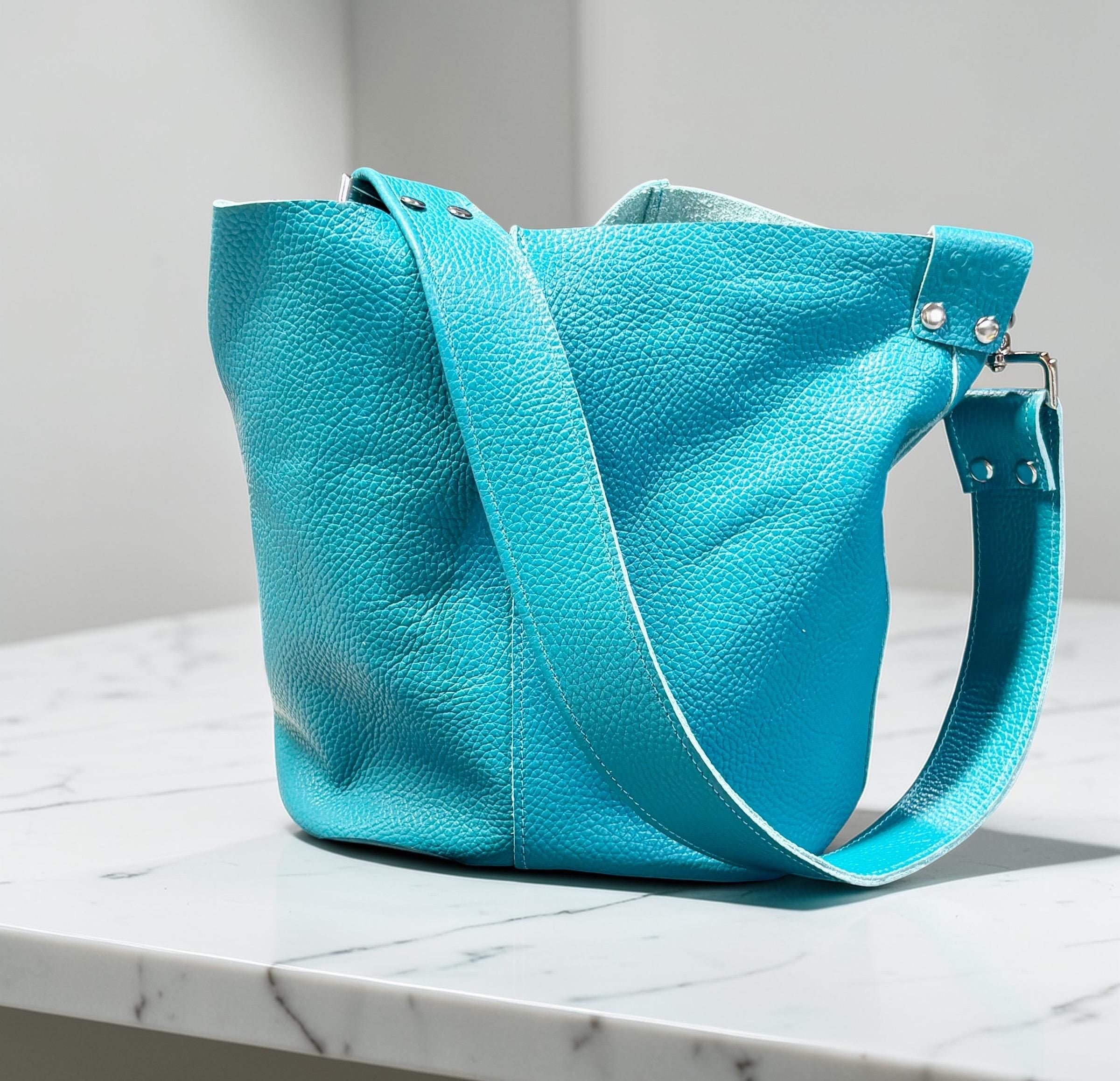 Full Grain Real Leather Pebbled Tuscan Turquoise Bucket Crossbody or Shoulder Bag Purse