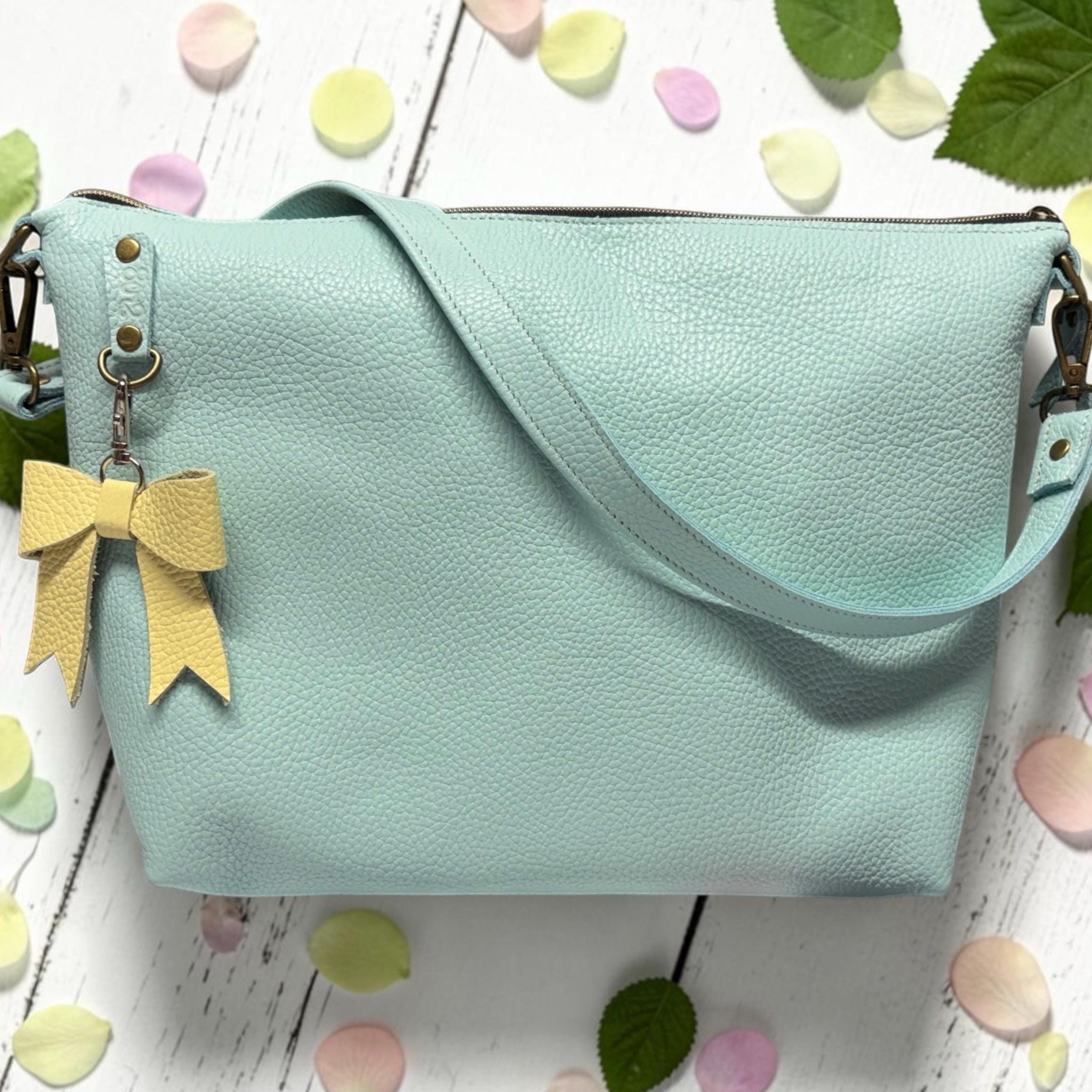 Full Grain Leather Zipper Pebbled Blue Box Penny Shoulder Bag Purse or Crossbody Bag