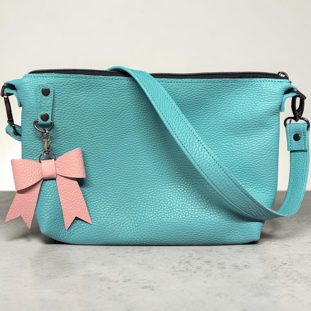Full Grain Leather Zipper Pebbled Tuscan Turquoise Penny Shoulder Bag Purse or Crossbody Bag