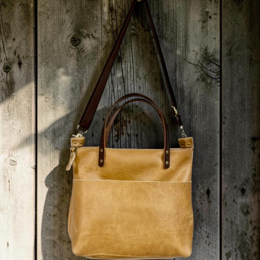 Full Grain Real Leather Zipper Tan Dog Super Stevie Crossbody or Shoulder Bag Purse