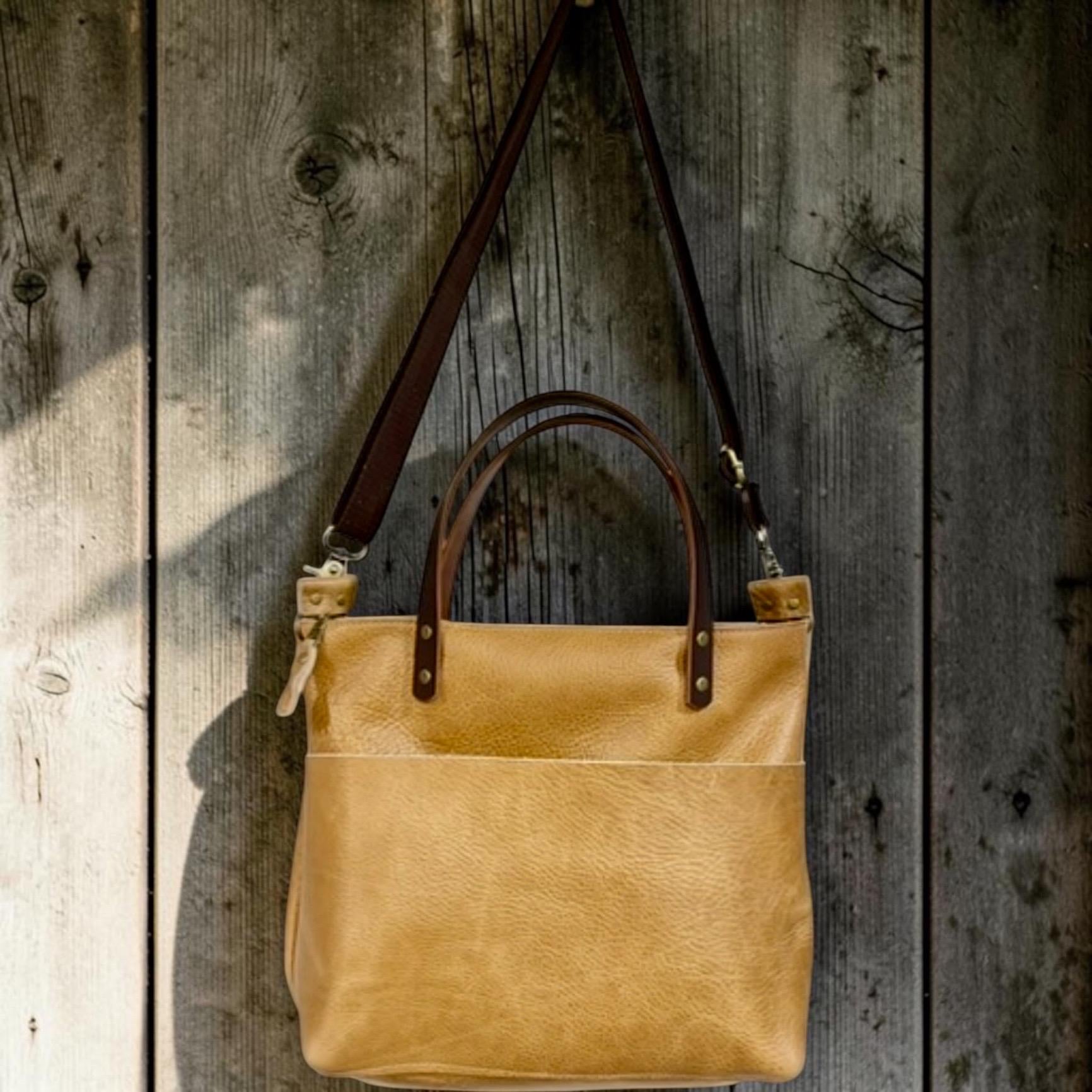 Full Grain Real Leather Zipper Tan Dog Super Stevie Crossbody or Shoulder Bag Purse
