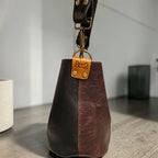 Full Grain Real Leather Color Block Mini Bucket Crossbody or Shoulder Bag Purse Black Dog, Saddle Dog, Brown Dog