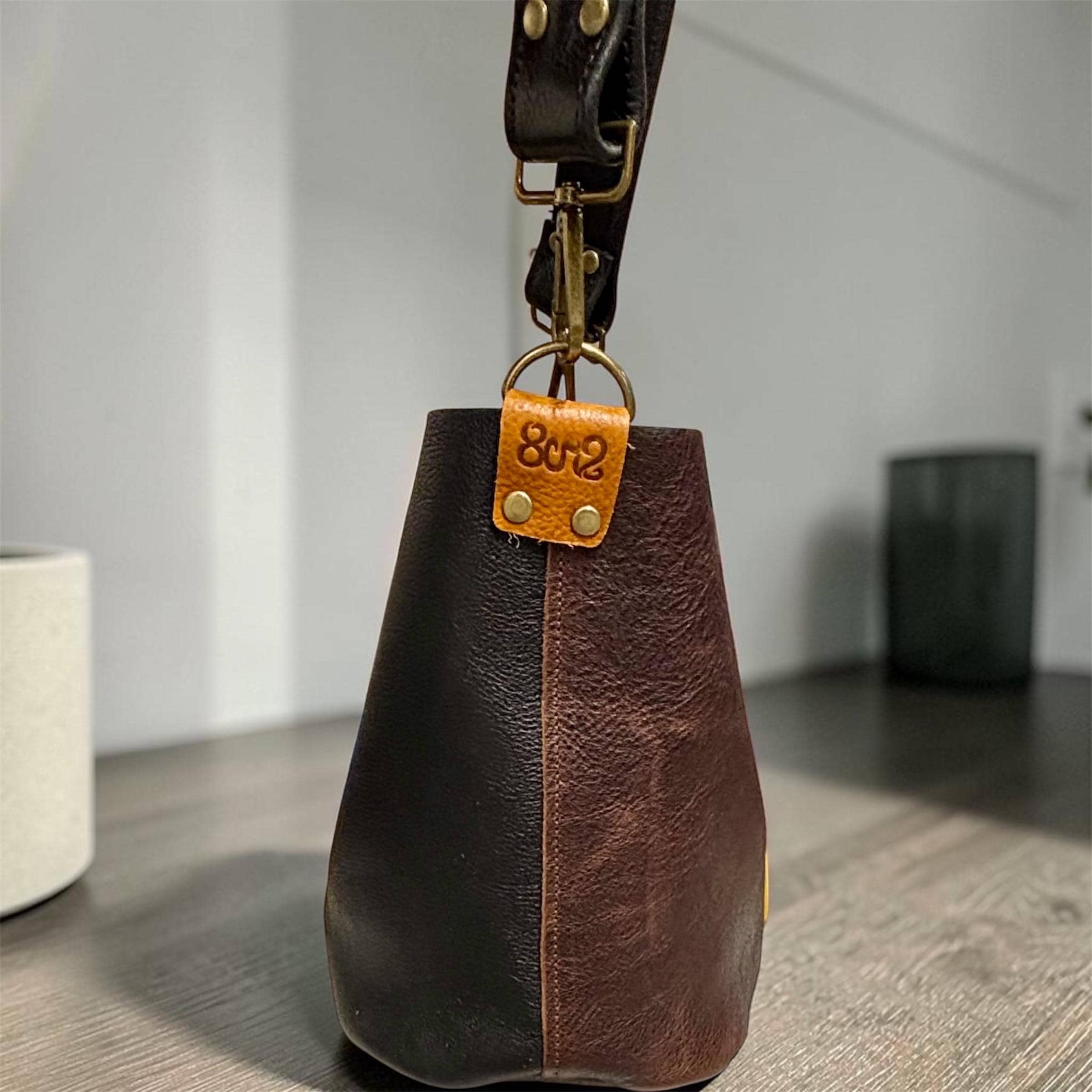 Full Grain Real Leather Color Block Mini Bucket Crossbody or Shoulder Bag Purse Black Dog, Saddle Dog, Brown Dog