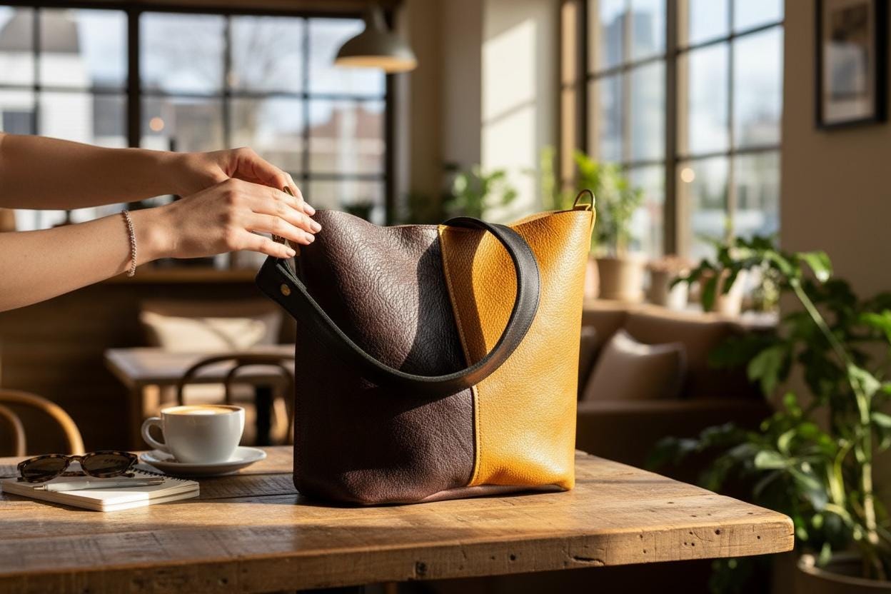 Full Grain Real Leather Color Block Mini Bucket Crossbody or Shoulder Bag Purse Black Dog, Saddle Dog, Brown Dog