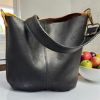 Full Grain Real Leather Color Block Mini Bucket Crossbody or Shoulder Bag Purse Black Dog, Saddle Dog, Brown Dog