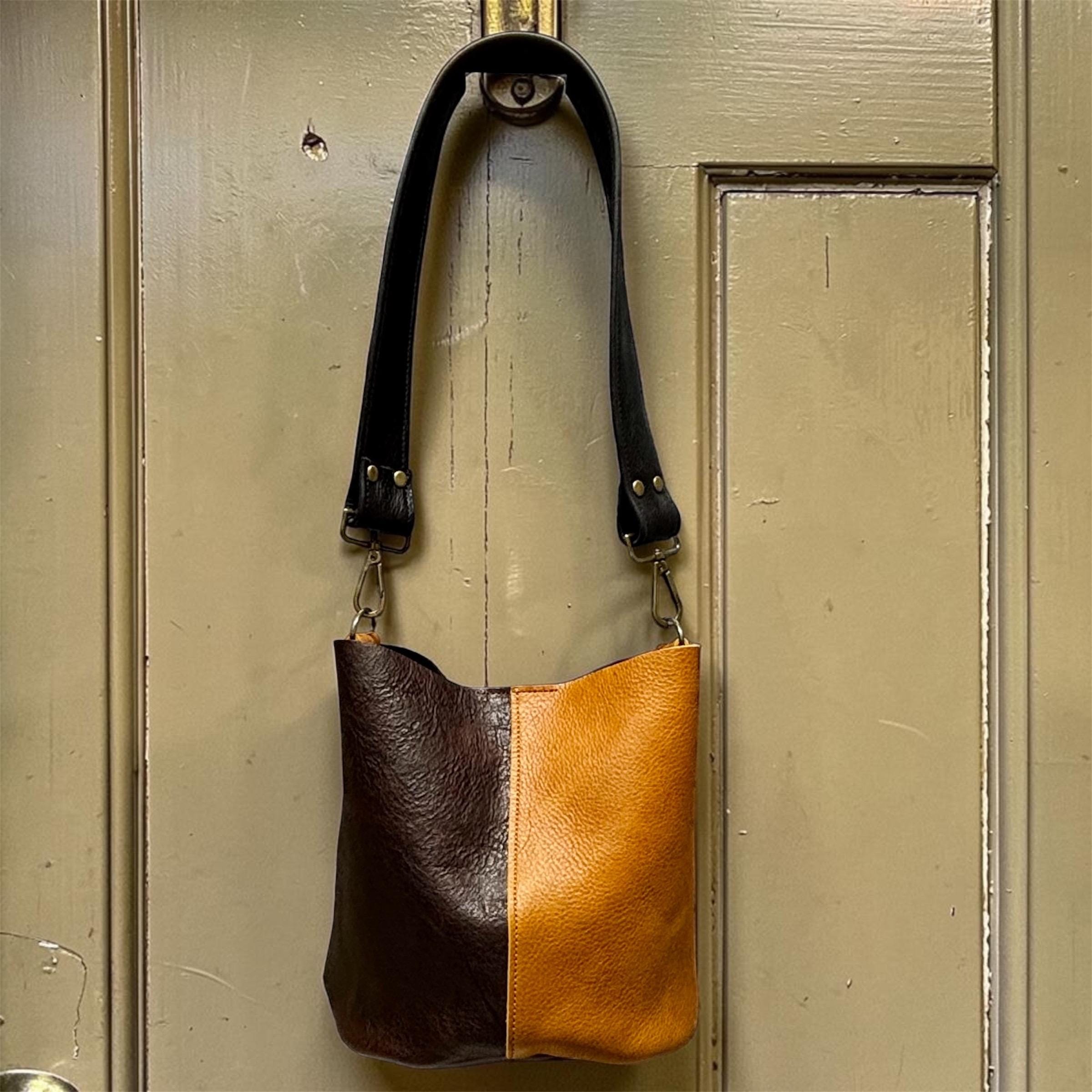 Full Grain Real Leather Color Block Mini Bucket Crossbody or Shoulder Bag Purse Black Dog, Saddle Dog, Brown Dog