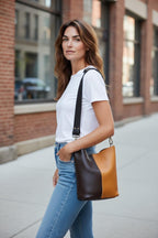 Full Grain Real Leather Color Block Mini Bucket Crossbody or Shoulder Bag Purse Black Dog, Saddle Dog, Brown Dog