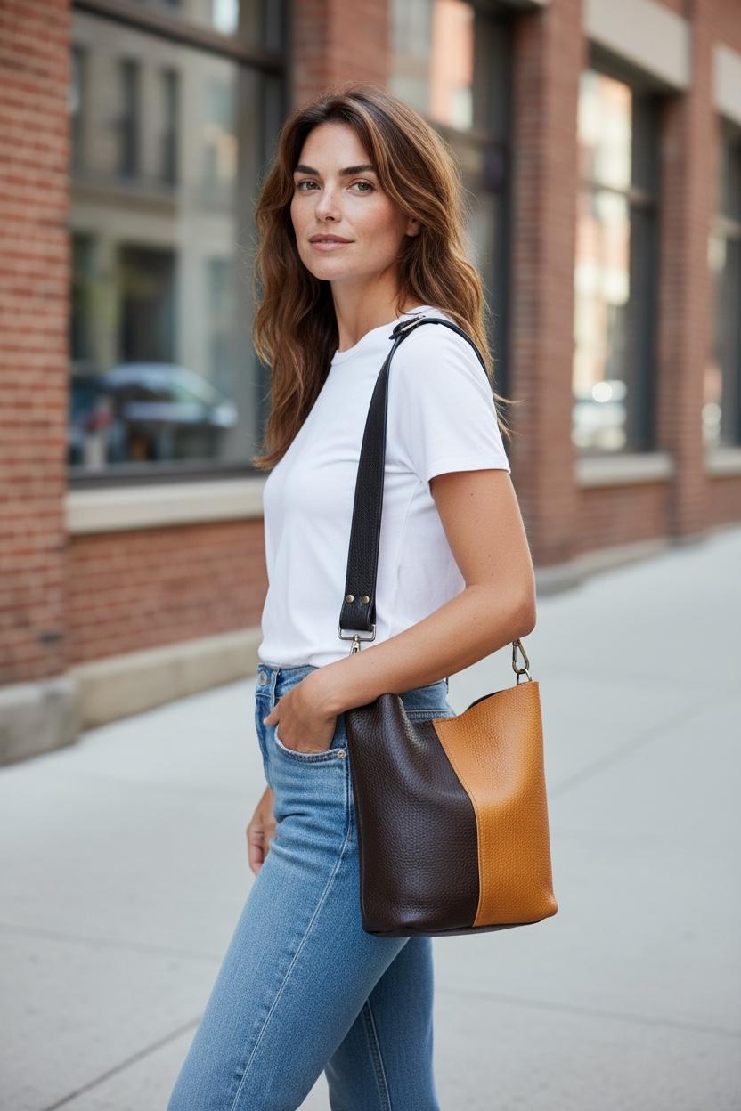 Full Grain Real Leather Color Block Mini Bucket Crossbody or Shoulder Bag Purse Black Dog, Saddle Dog, Brown Dog