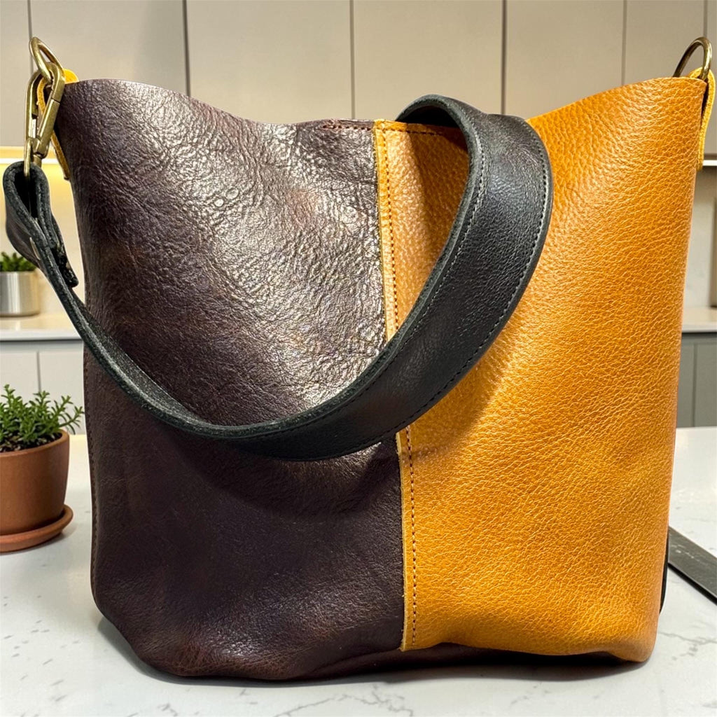 Full Grain Real Leather Color Block Mini Bucket Crossbody or Shoulder Bag Purse Black Dog, Saddle Dog, Brown Dog