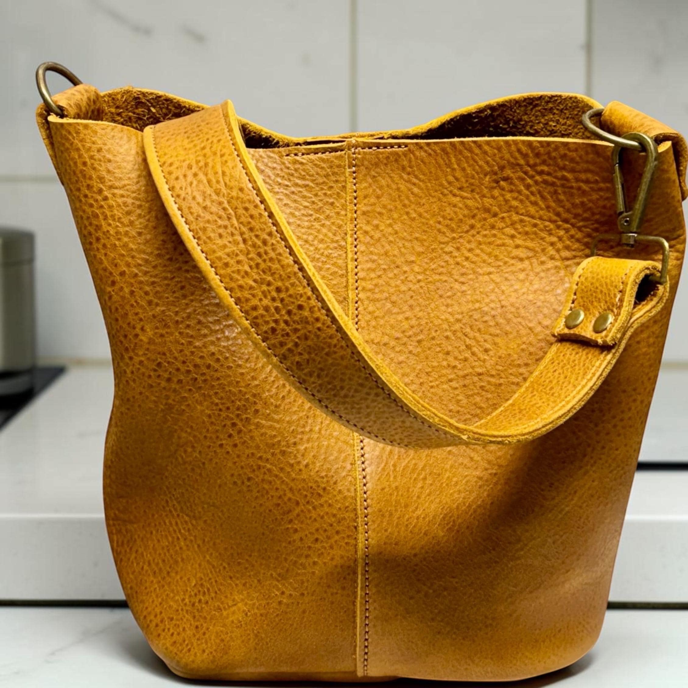 Full Grain Real Leather Saddle Dog Bucket Crossbody or Shoulder Bag Purse