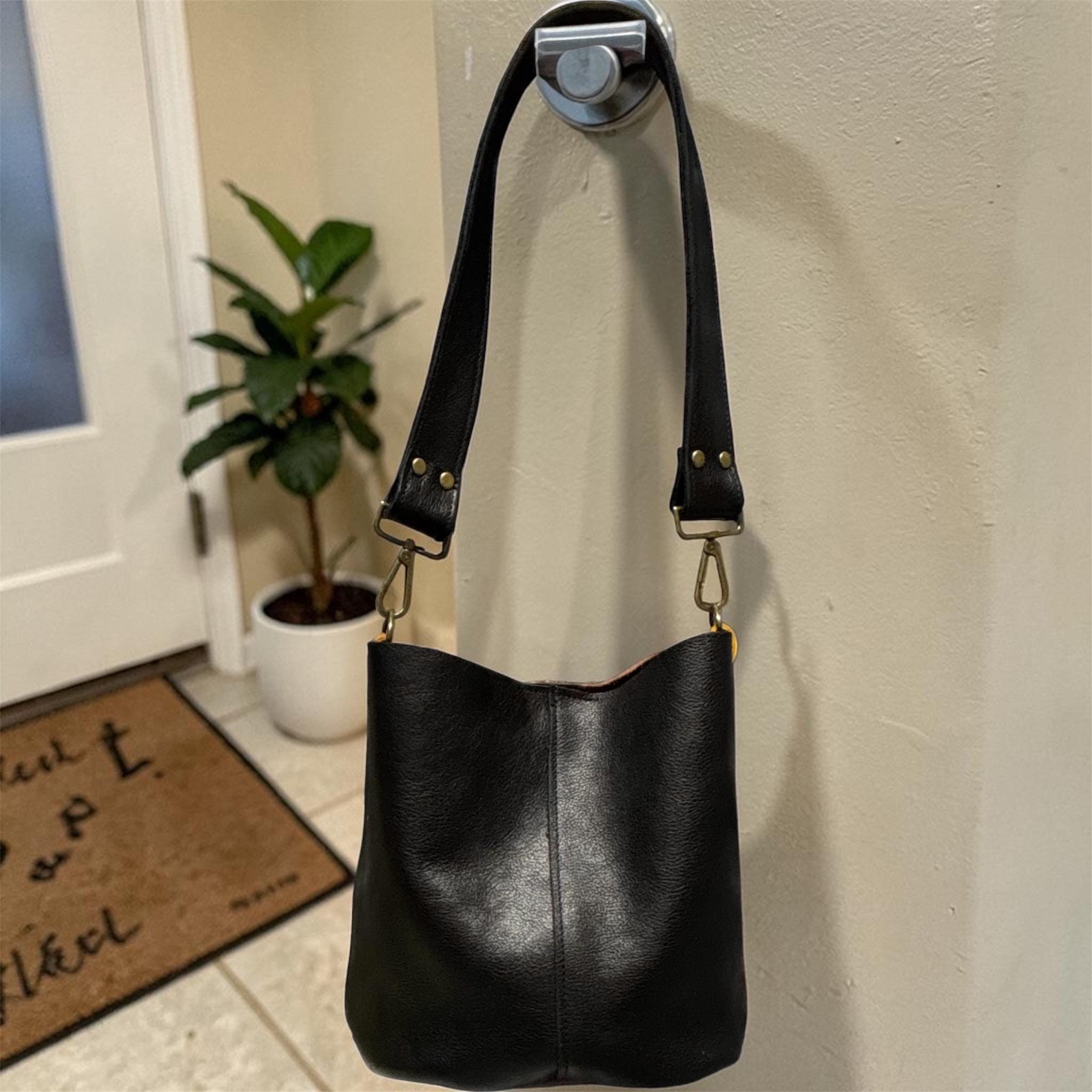 Full Grain Real Leather Color Block Mini Bucket Crossbody or Shoulder Bag Purse Black Dog, Saddle Dog, Brown Dog