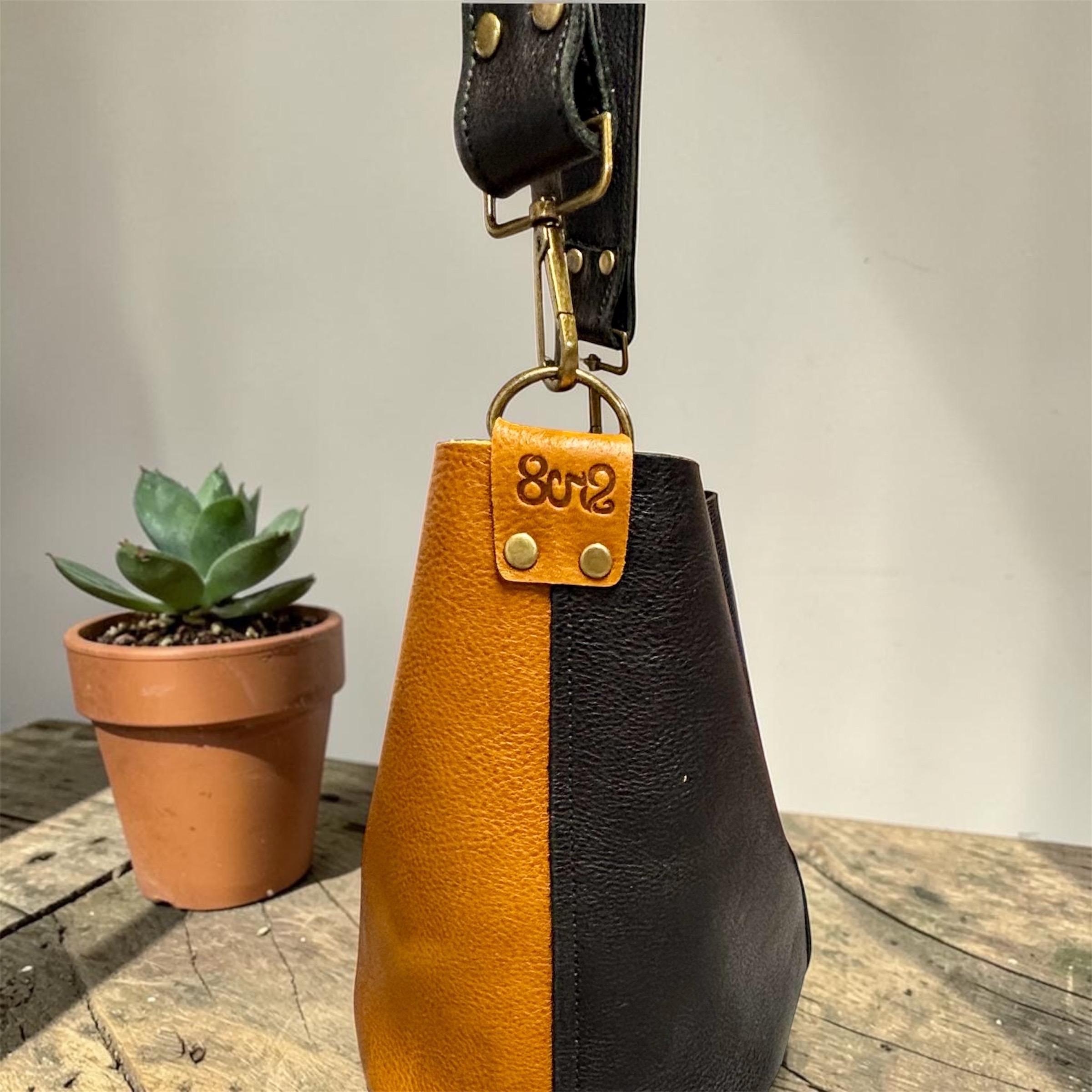 Full Grain Real Leather Color Block Mini Bucket Crossbody or Shoulder Bag Purse Black Dog, Saddle Dog, Brown Dog