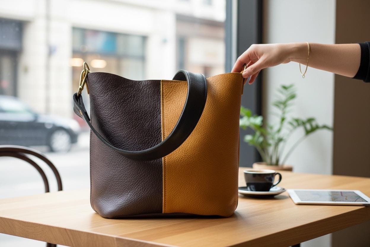Full Grain Real Leather Color Block Mini Bucket Crossbody or Shoulder Bag Purse Black Dog, Saddle Dog, Brown Dog