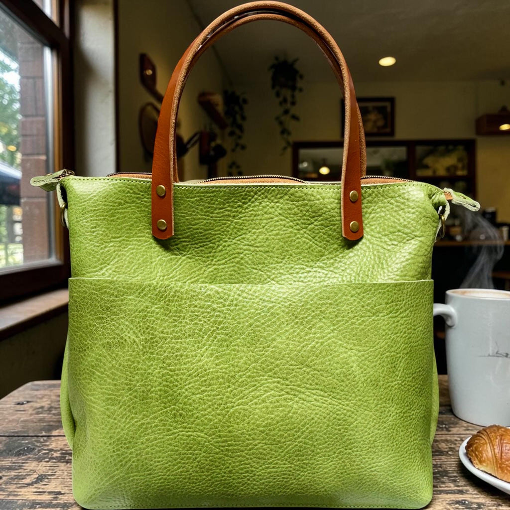 Full Grain Leather Zipper Green Apple Dog Super Stevie Crossbody or Shoulder Bag Purse