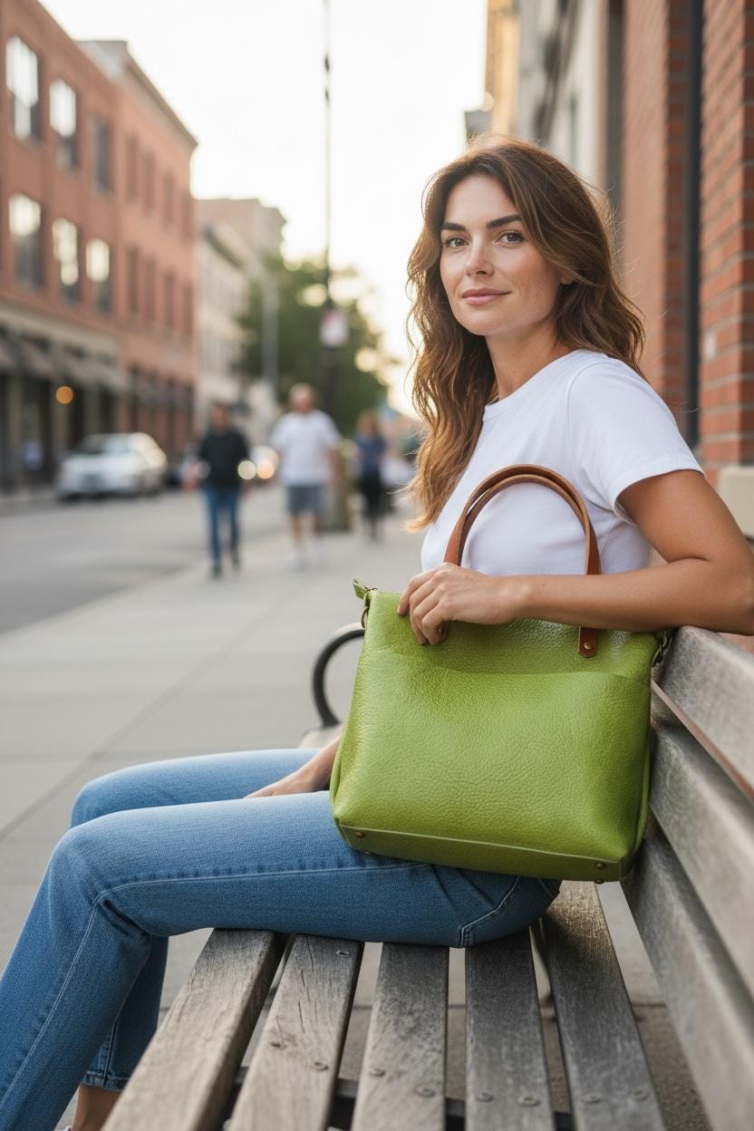 Full Grain Leather Zipper Green Apple Dog Super Stevie Crossbody or Shoulder Bag Purse
