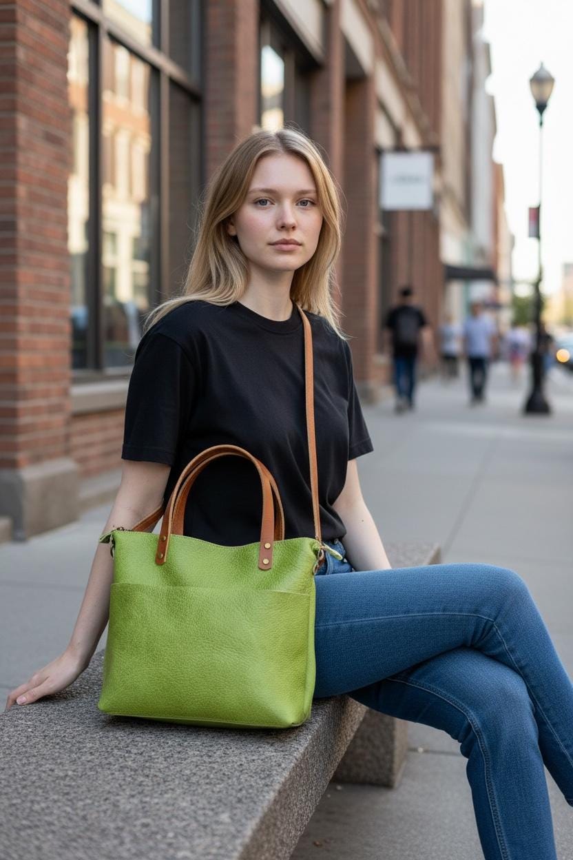 Full Grain Leather Zipper Green Apple Dog Super Stevie Crossbody or Shoulder Bag Purse