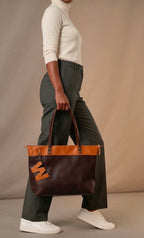 Full Grain Leather Zipper Lincoln Two Tone Tote Bag Dog